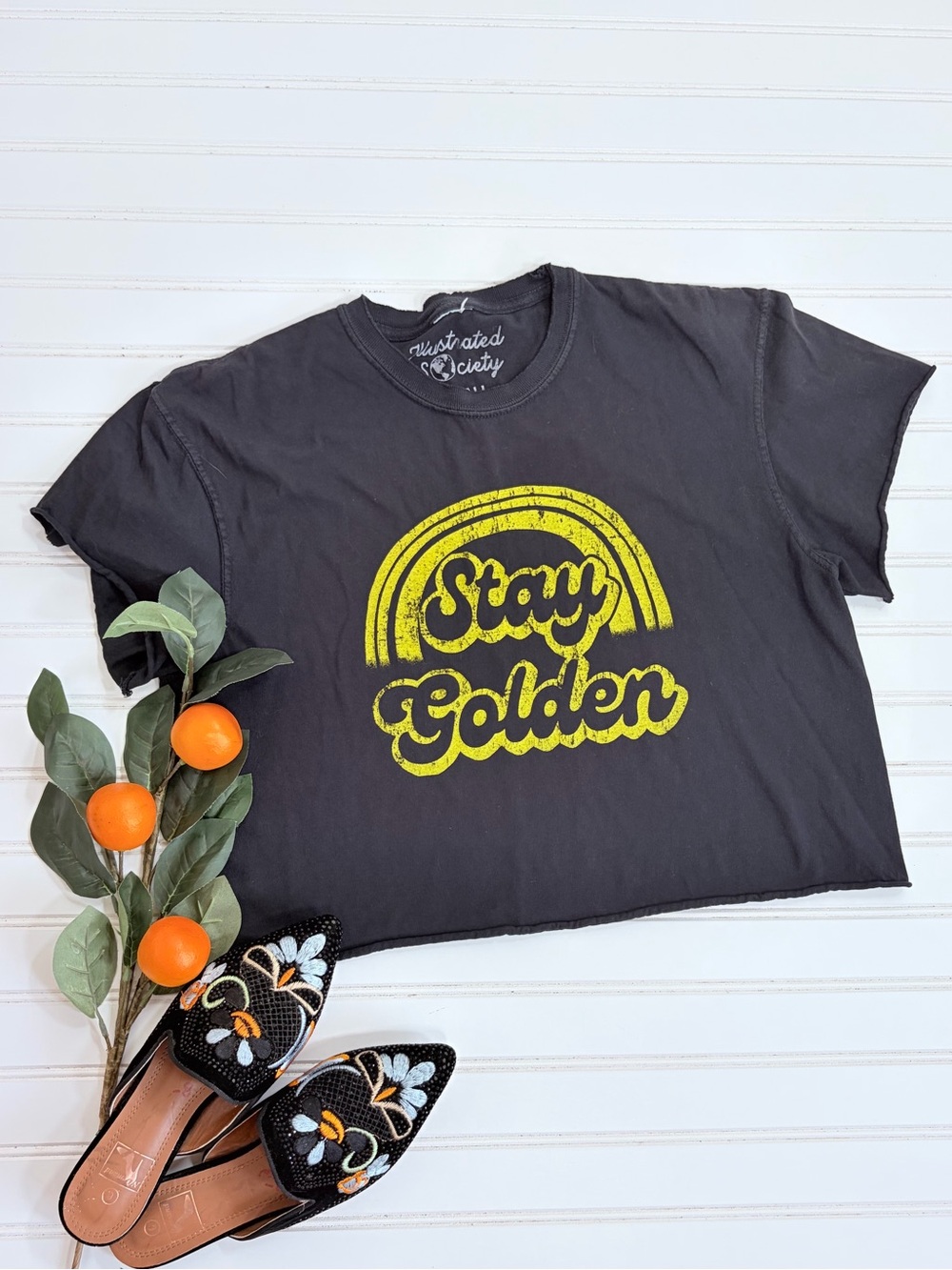 Illustrated Society Stay Golden Short Sleeve Cropped Tee Short